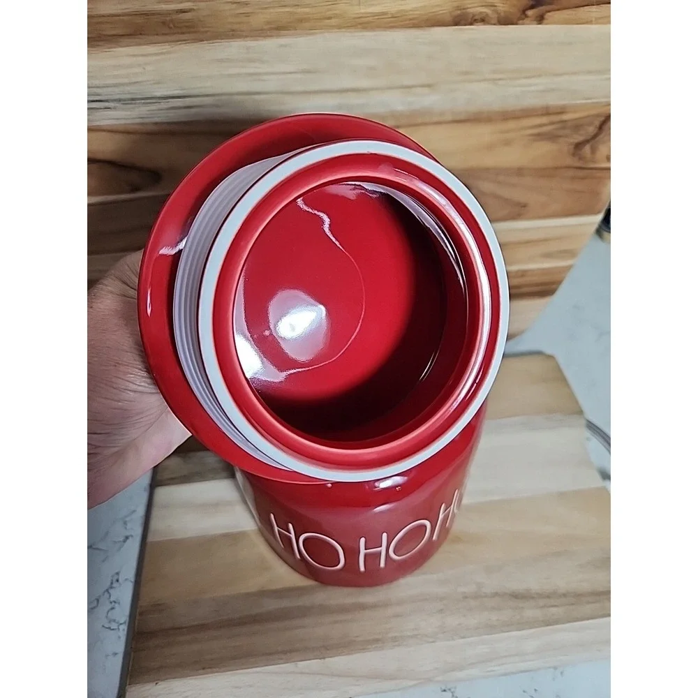 Rae Dunn by Magenta HO HO HO Chubby Canister Cookie Jar w Air-tight Lid Red EUC